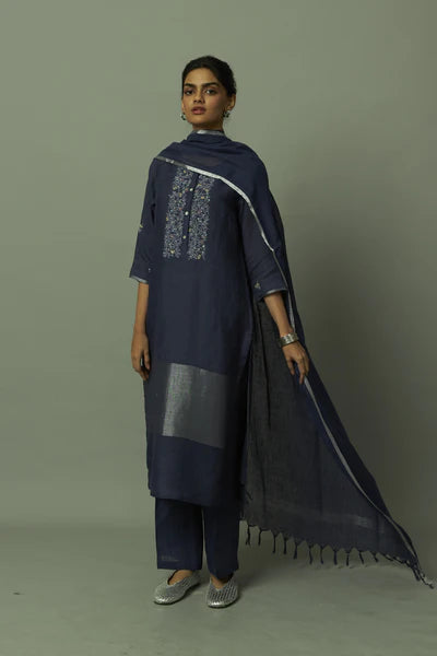 Zari embroidered yoke on Sliver Zari linen Kurta Set