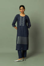 Zari embroidered yoke on Sliver Zari linen Kurta Set