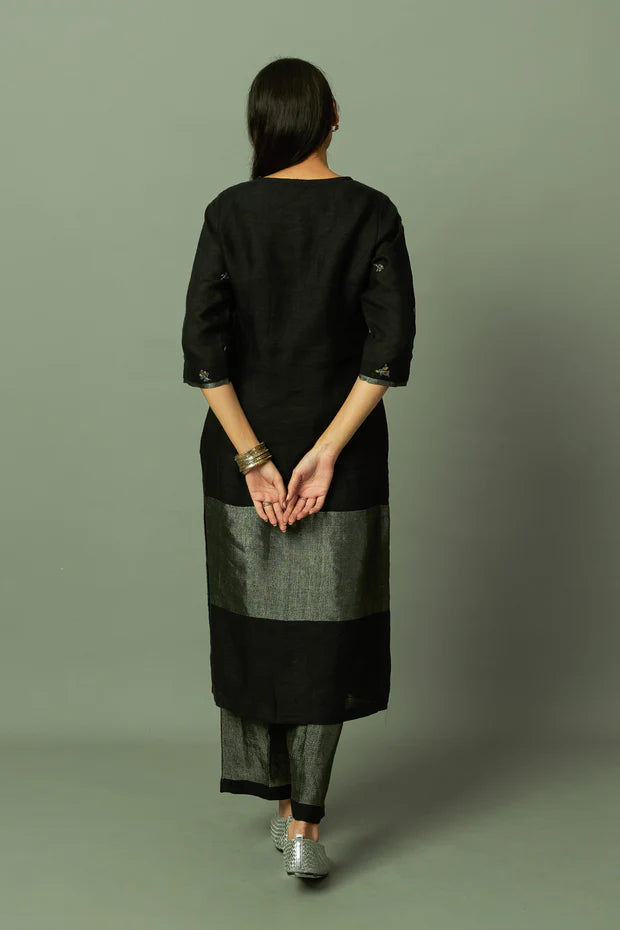 Zari embroidered yoke on Sliver Zari linen Kurta Set