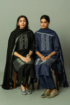 Zari embroidered yoke on Sliver Zari linen Kurta Set