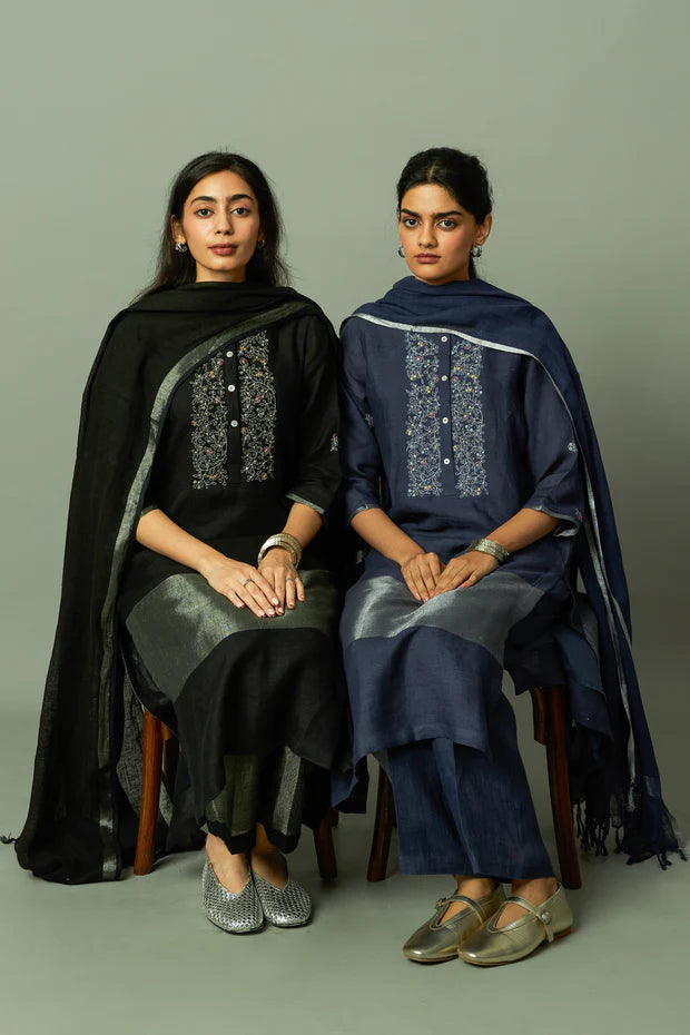 Zari embroidered yoke on Sliver Zari linen Kurta Set