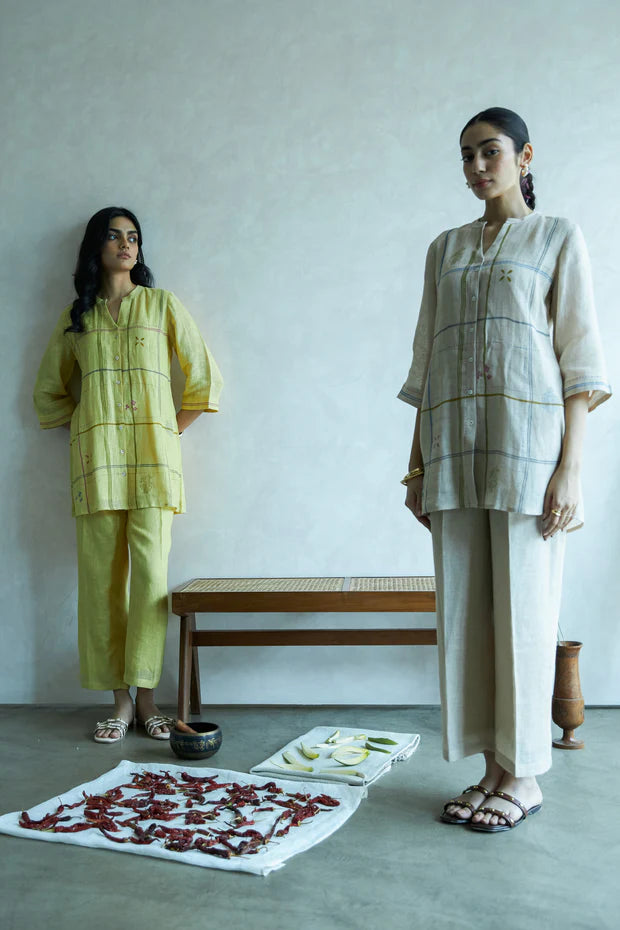 Modern Grid Block Printed Gauze Linen Co ord Set