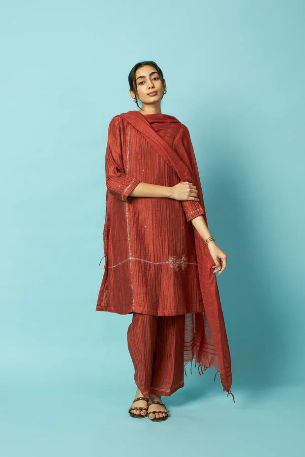 Khat Pita Embroidered Silk Linen Festive Kurta Set
