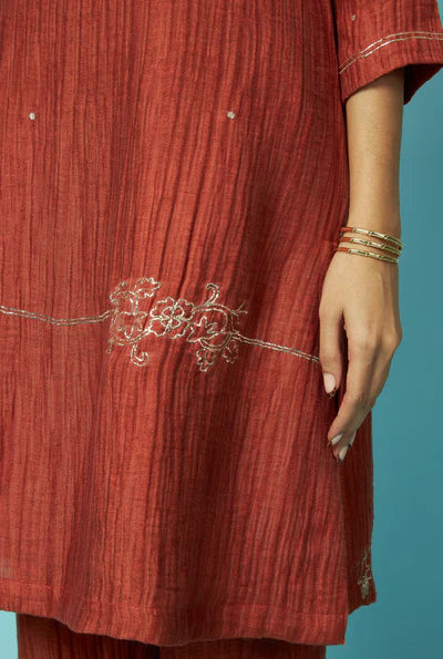 Khat Pita Embroidered Silk Linen Festive Kurta Set