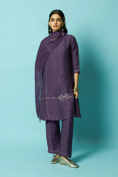Khat Pita Embroidered Silk Linen Festive Kurta Set (Purple)