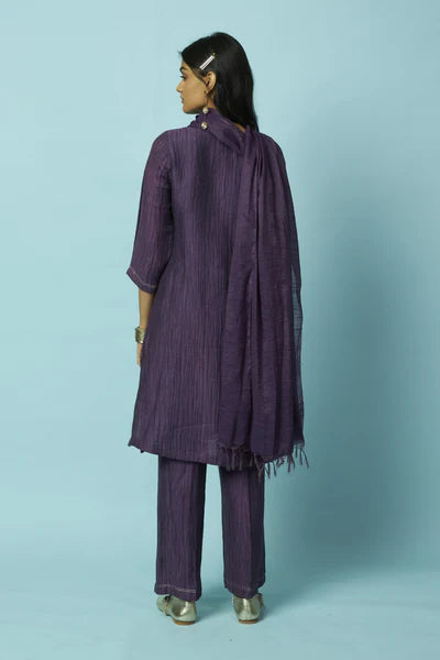 Khat Pita Embroidered Silk Linen Festive Kurta Set (Purple)