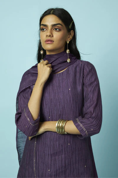 Khat Pita Embroidered Silk Linen Festive Kurta Set (Purple)