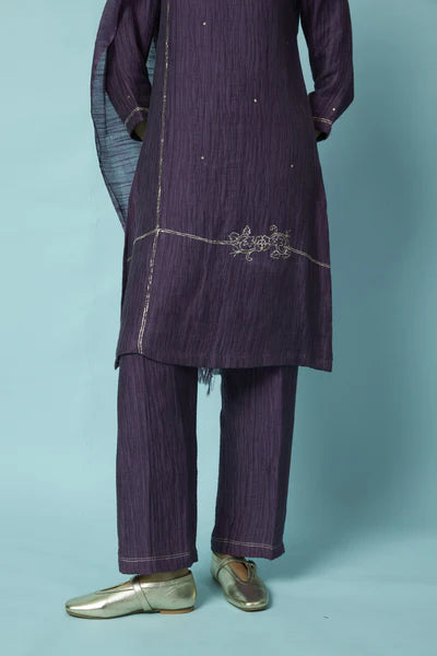 Khat Pita Embroidered Silk Linen Festive Kurta Set (Purple)