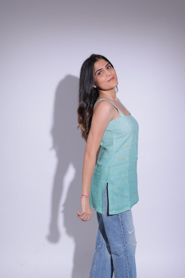 Green ombré sleeveless top with hand work