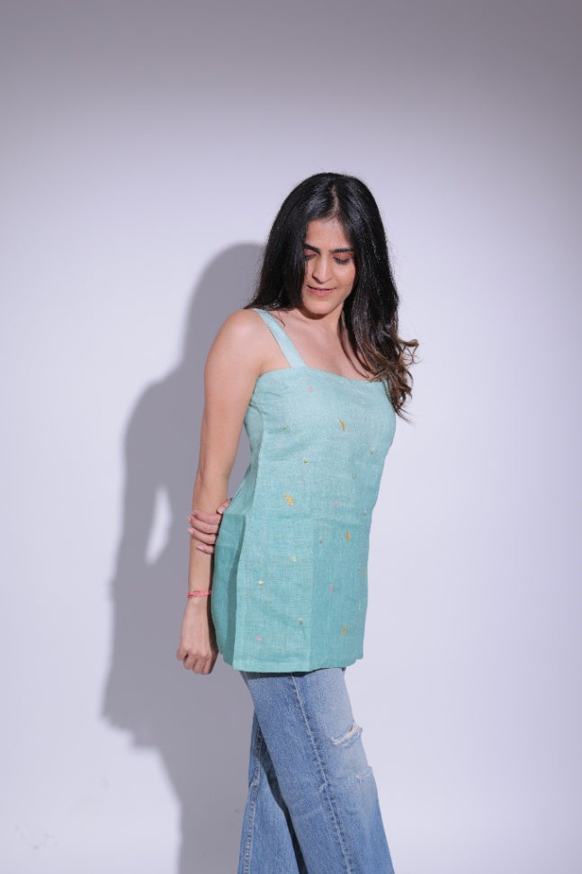 Green ombré sleeveless top with hand work