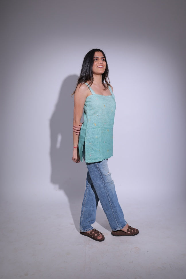 Green ombré sleeveless top with hand work