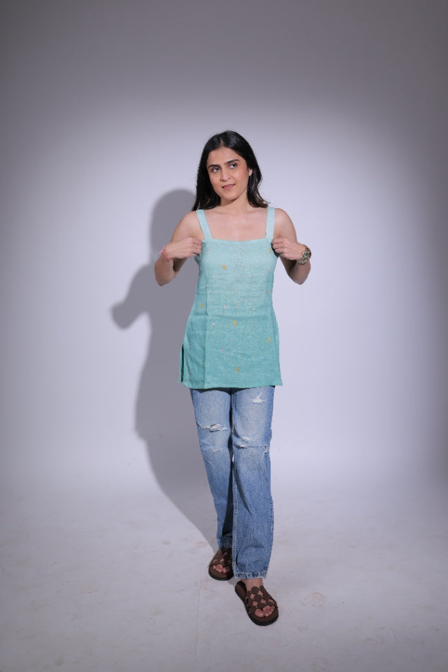 Green ombré sleeveless top with hand work